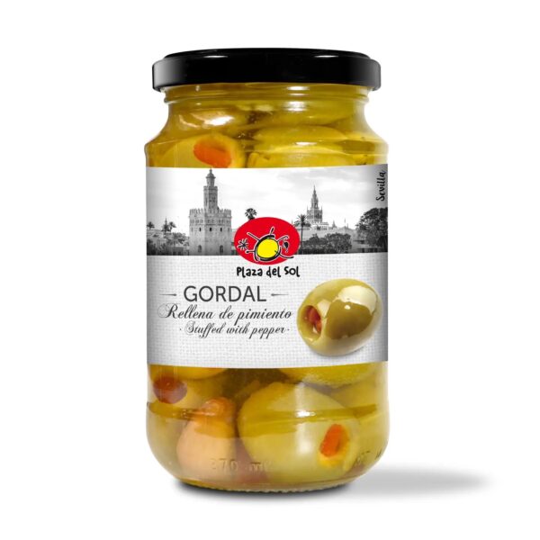 Grøn Gordal-oliven fyldt med rød peber 350 g